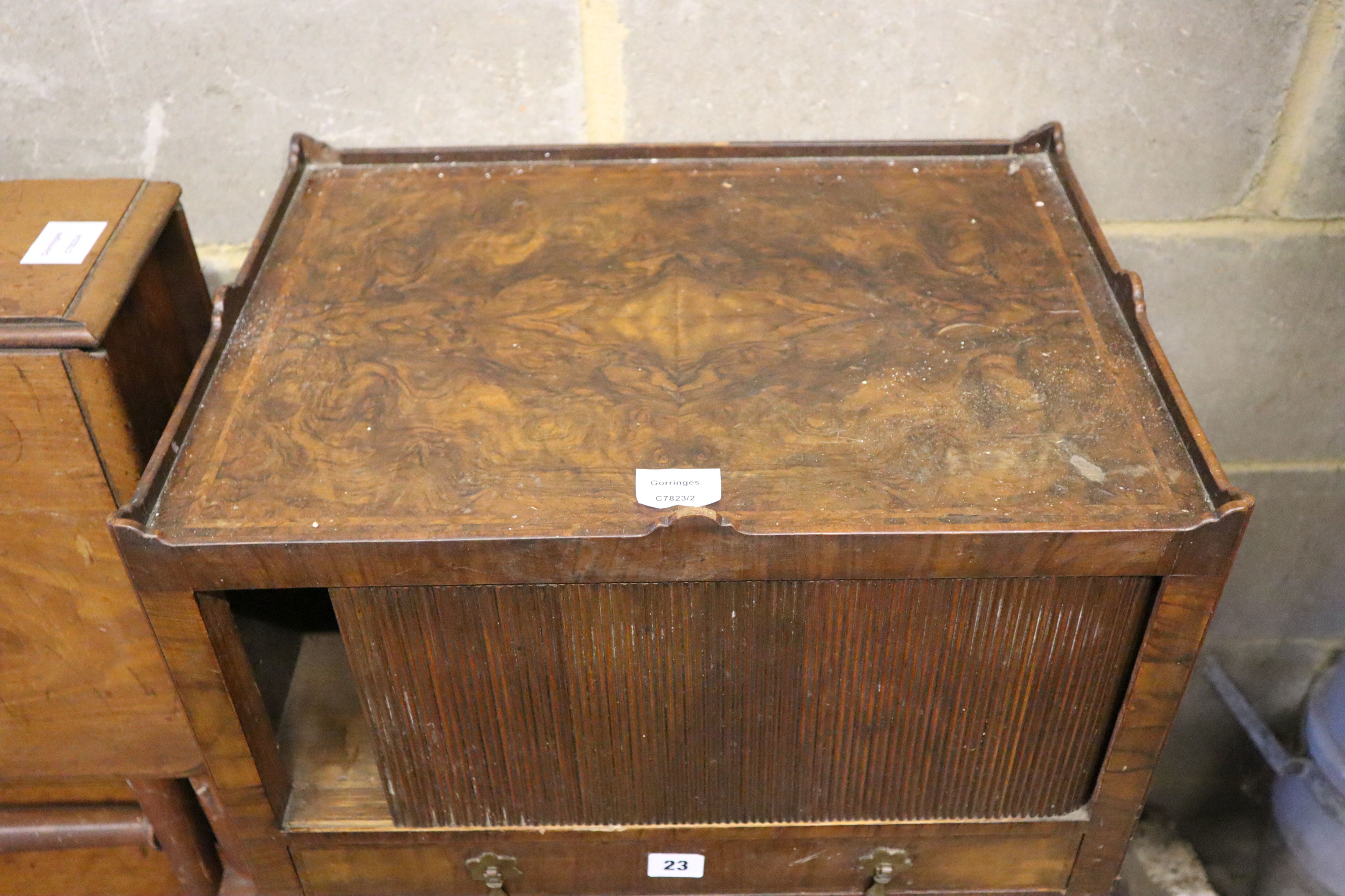 A George III style herringbone walnut bedside cupboard, width 54cm, depth 42cm, height 64cm